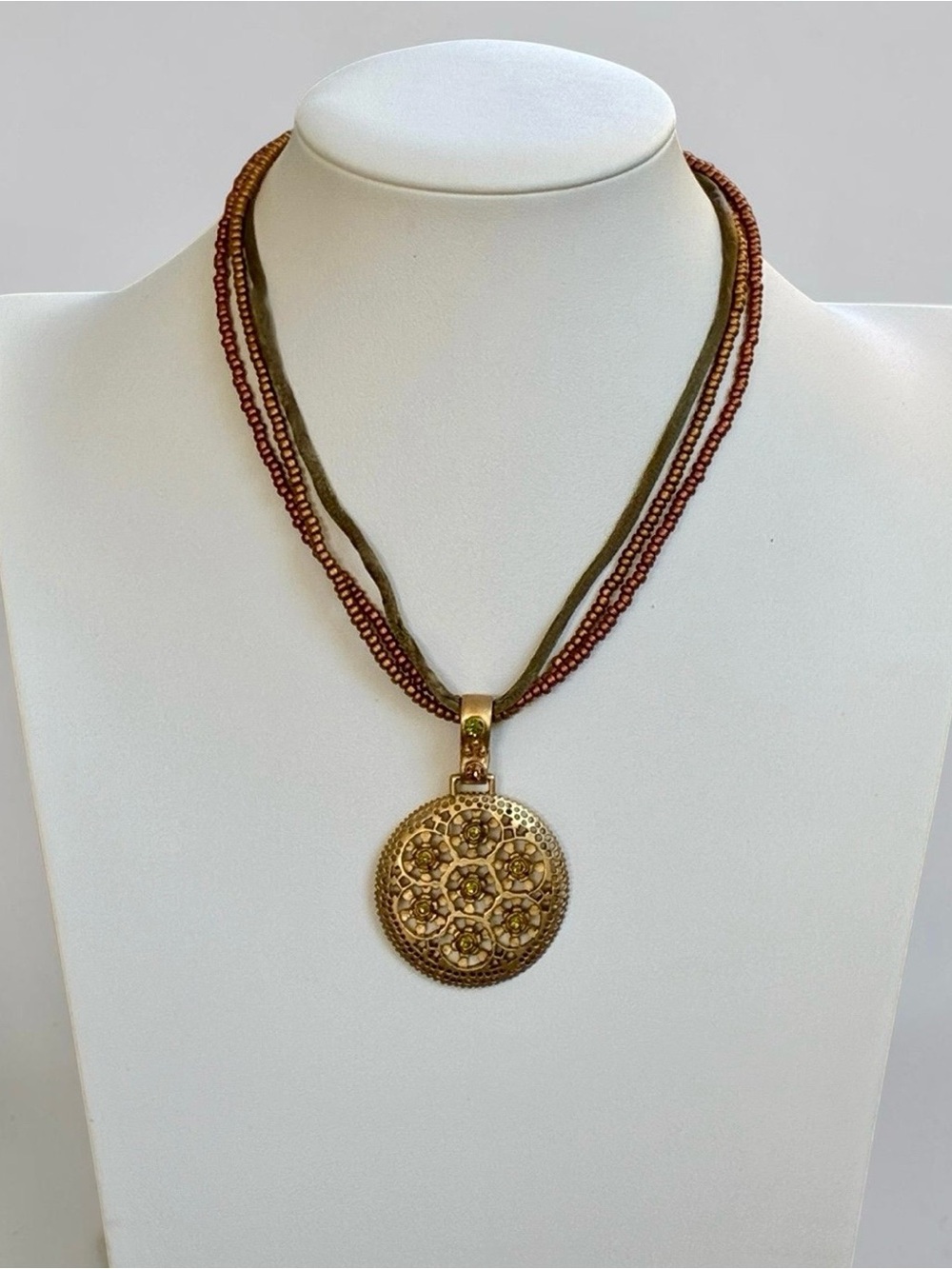 Premier Designs Gold-Tone Multi-Strand Floral Medallion Beaded Pendant Necklace